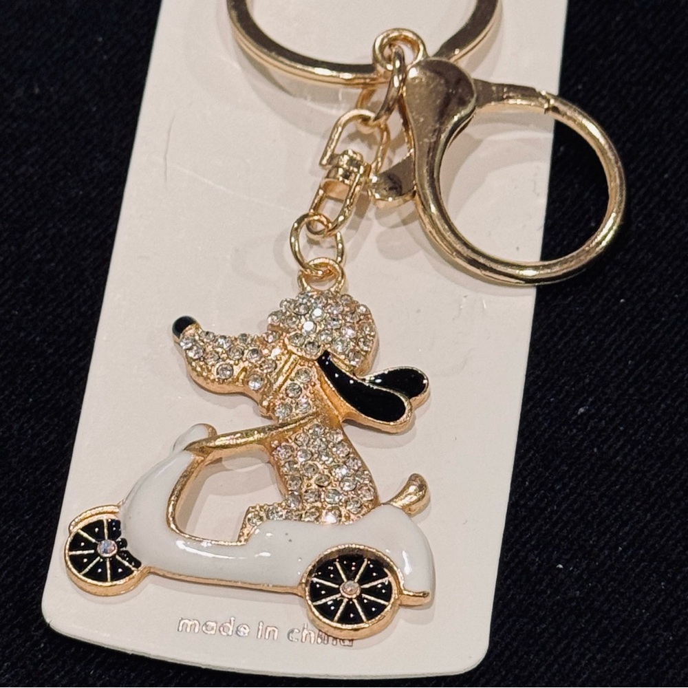 BAG CHARM Mint Gold and White Dog On Scooter Keychain - Picture 3 of 10